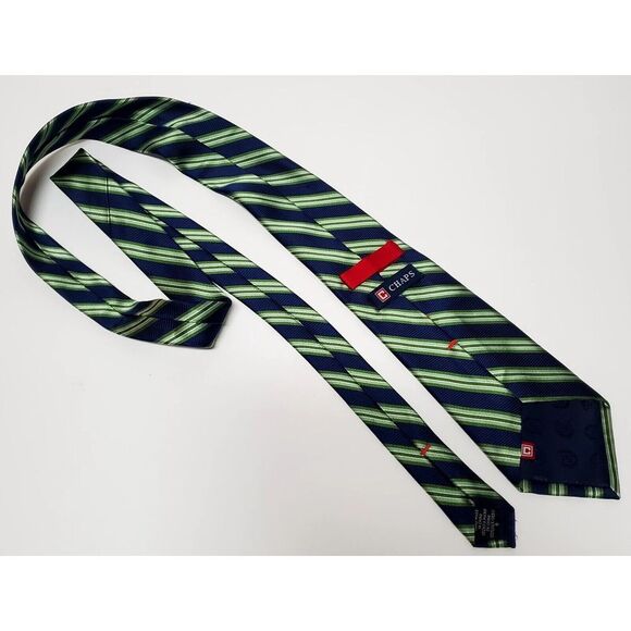 CHAPS Necktie 100% Silk Navy/ Green/ Ivory Tradition Diagonal Stripe Classic Tie - Picture 6 of 10